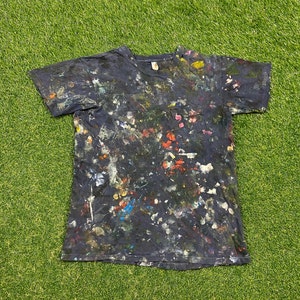 Vintage Custom Plain Blue With Paint Marks Pocket T shirt Tee Fruit of the Loom Made USA Size Medium M Artsy Design 1970s 70s