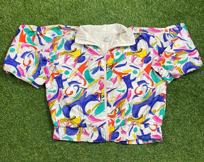 Vintage Graphic Windbreaker Zip Up Jacket Lavon Size Medium M Multicolor Streetwear Sport Active Wear Classic Light Rain Coat 1990s