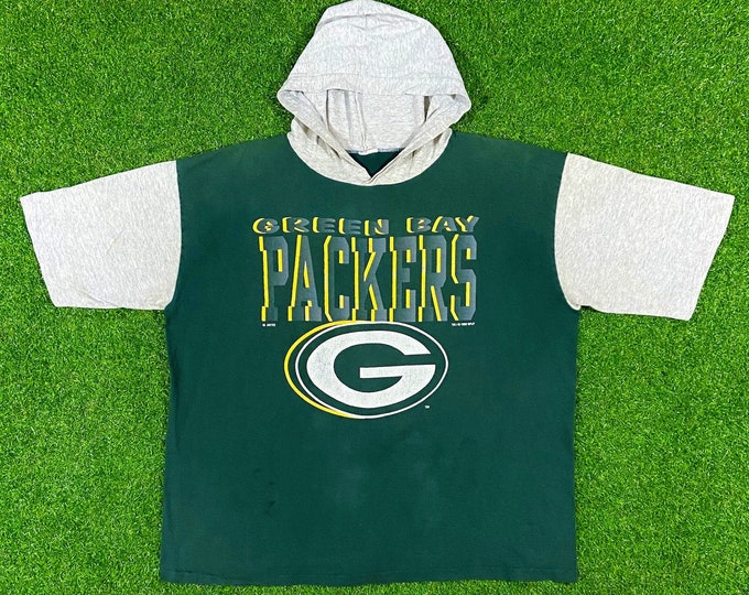 Vintage Green Bay Packers Spell Out Hoodie Tee Xtra Large 90s NFL Football Wisconsin Pack T-Shirt Cheese Head 1990s XL Hooded Shirt Sleeve