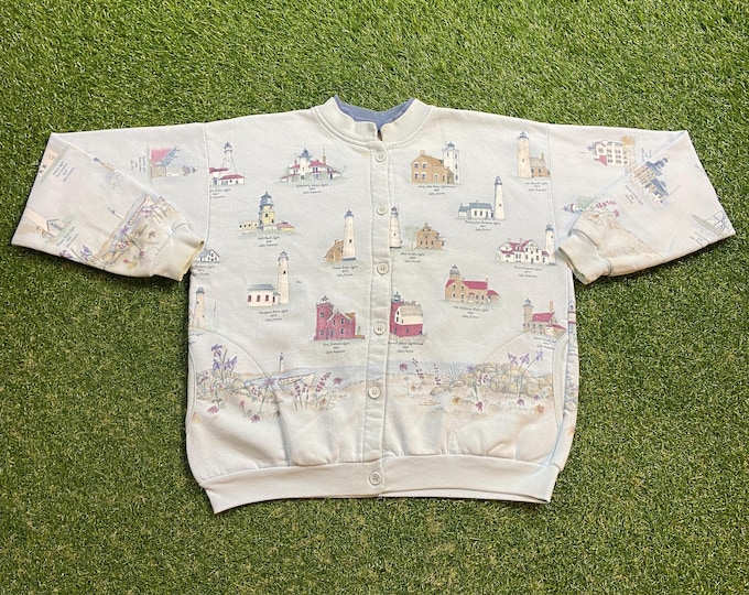 Vintage Lights of the United States Button Down Sweater Artisans Made USA Size Small S Lighthouses New York New England Warm Cozy 1990s 90s