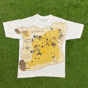 Vintage Schatzkarte von Mexiko T-Shirt T-Shirt Größe Xtra Groß XL Golf von Mexiko Playa Del Carmen Karibik Meer 1990er 90er Jahre All Over Print
