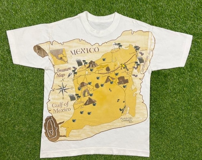 Vintage Treasure Map of Mexico T Shirt Tee Size Xtra Large XL Gulf of Mexico Playa Del Carmen Cancun Caribbean Sea 1990s 90s All Over Print