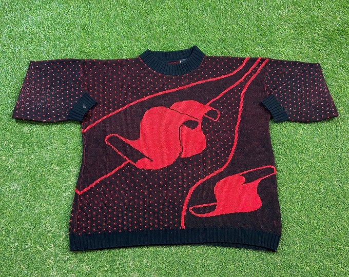 Vintage Black Red Multicolor Knitted Crewneck Sweater Made USA Size XXL 2XL Quality Warm Winter Fashion Pull Over Oversized