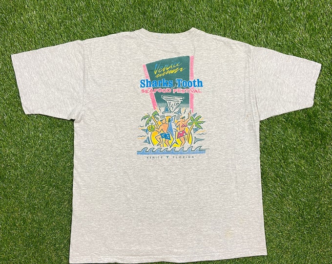 Vintage Venice Sharks Tooth and Seafood Festival 1994 T Shirt Tee Made USA Size Xtra Large XL Venice Florida FL Sea Life Planet Ocean 1990s