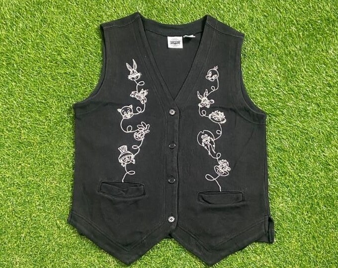 Vintage Looney Tunes Sweater Vest Size Small S Bugs Bunny Tweety Bird Warner Bros Classic Cartoon Space Jam 1990s 90s