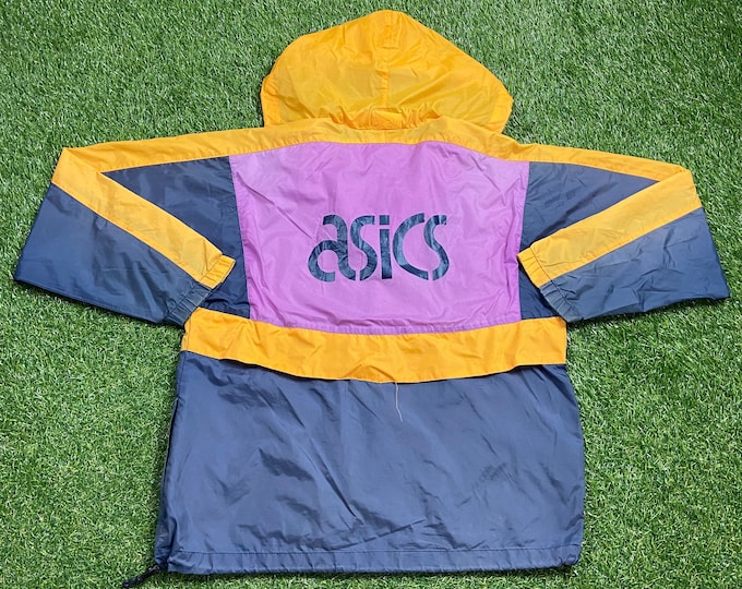 Vintage Graphic Windbreaker Zip Up Jacket ASICS Size Small S Multicolor Streetwear Sport Active Wear Classic Light Rain Coat 1990s