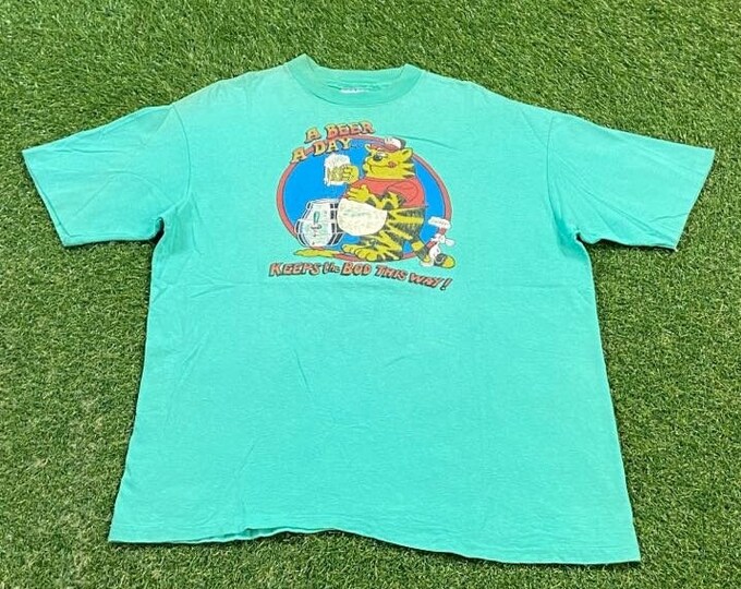 Vintage A Beer A Day Keeps Keeps the Bod this Way! T Shirt Tee Hanes Made USA Size XL Party Drinks Alcohol Beverages Bar 1980s 80s Funny
