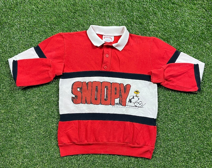 Vintage Snoopy Long Sleeve Polo Shirt Nutmeg Mills Made USA Size Small S Peanuts Charlie Brown 1980s 80s Classic Original