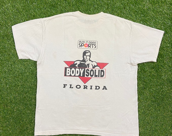 Vintage Play it Again Sports T Shirt Tee Anvil Xtra Large Body Solid Gym Workout Exercise Weights No Pain No Gain Weightlifting 1990s 90s