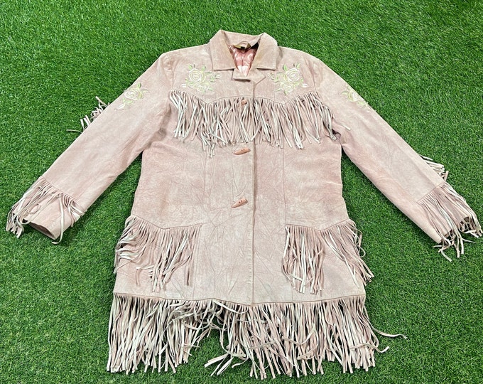 Vintage Pink Western Style Fringe Jacket Saddle Ridge Size Large L Genuine Leather Beautiful 1980s 80s detailed