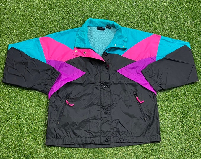 Vintage Graphic Windbreaker Zip Up Jacket Black Ice Size Large L Multicolor Streetwear Sport Active Wear Classic Light Rain Coat 1990s