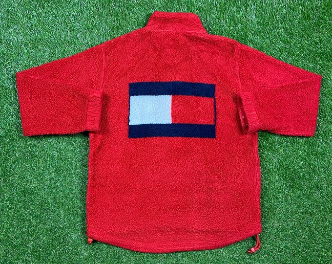 Vintage Tommy Hilfiger Fleece Crewneck Sweater Size Small S Quality 90s TH Comfortable 1990's Fit Red Streetwear Oversized Flag