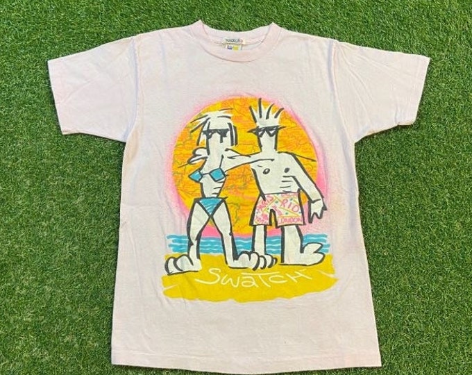 Vintage Swatch T Shirt Tee Made USA Size Small Beach Tropical Beach Day Sea Ocean Vacation 1990s 90s