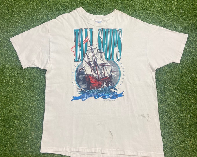 Vintage Boston Harbor 1992 T Shirt Tee Hanes Made USA Size Xtra Large XL Tail Ships Massachusetts New England Classic 1990s 90s