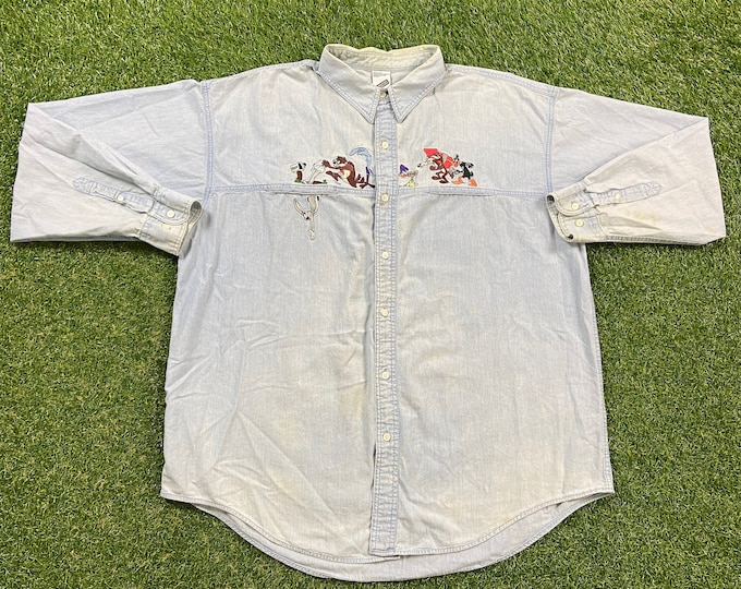 Vintage Looney Tunes Button Down Size XXL 2XL Warner Bros Bugs Bunny Classic Cartoon TV Show 1990s 90s