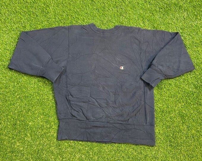 Vintage Plain Blue Champion Reverse Weave Crewneck Sweatshirt Made USA Medium M Quality 1990's Oversized Great Fit Original 90s Pull Over
