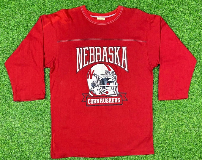 Vintage University of Nebraska Cornhuskers NCAA Football New Half Sleeve T Shirt Tee Large Chalk Line Made USA Classic 1980s 80s Jersey