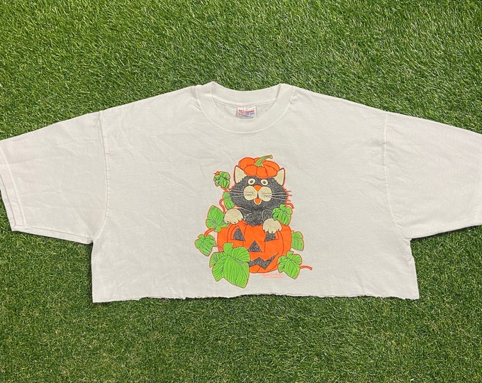 Vintage Halloween Cat Crop Top T Shirt Size Xtra Large XL Trick or Treat October 31 Pumpkin Candy Costume 1990s 90s