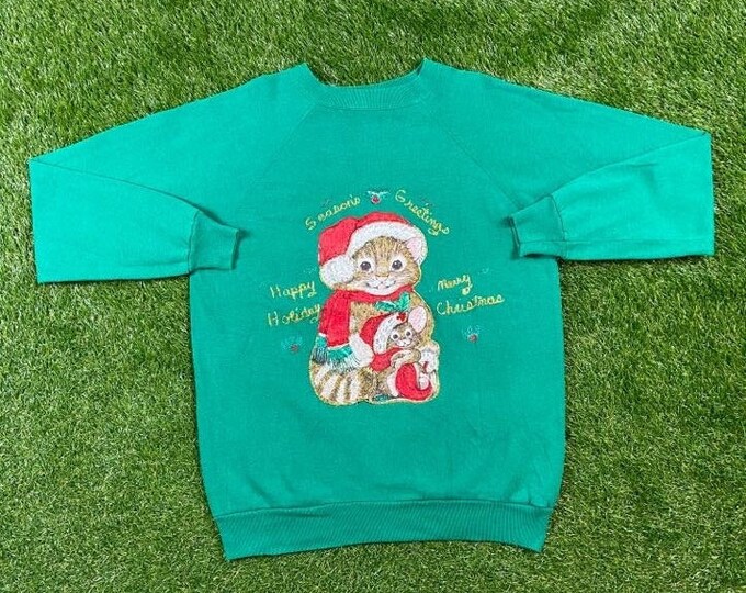 Ugly Christmas Sweater Vintage Tacky Holiday Party Merry Santa Classic Seasons Greetings Xmas 90s 80s Knit Classic Made USA Size XXL 2XL