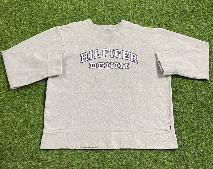 Vintage Hilfiger Denim Crewneck Sweatshirt Size Large L Tommy Hilfiger Quality 90s TH Comfortable 1990s Fit Streetwear Flag Originals