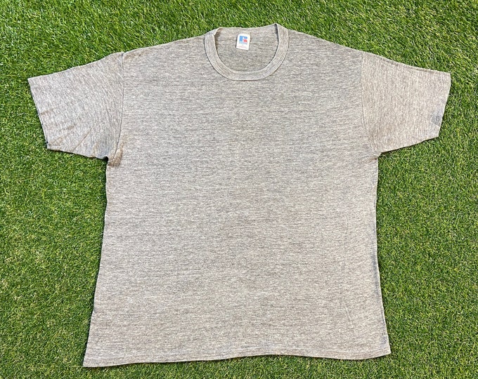 Vintage Plain Gray T Shirt Tee Russell Athletic Made USA Size Xtra Large XL Quality 1990s Great Fit Original 90s Tri Blend Rayon