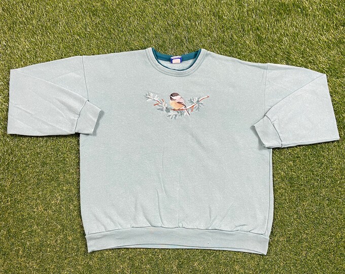 Vintage Tiny Bird Crewneck Sweatshirt PFI Fashions Inc Made USA Size Large L Mountain Animals Habitat All Over Print Art Cool Pull Over