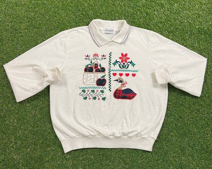 Vintage Alfred Dunner Sweatshirt Polo Collar Size Medium M Picnic Duck Flowers Quality 1990's Comfy Great Fit Original 90s Grandma