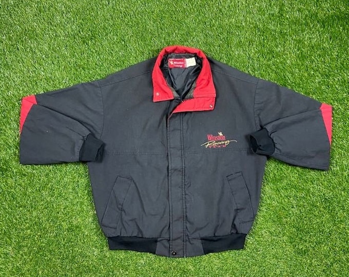 Vintage Winston Racing Team Jacket Swingster Made USA Size Large L NASCAR All Over Racing Dayton 500