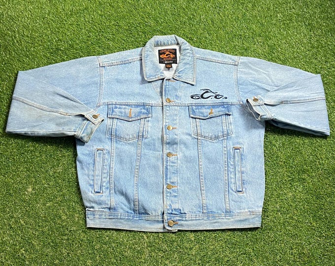 Vintage Orange County Choppers Jean Jacket Size Large L Harley Davidson Motorcycle Rare Quality Fit Biker HOG Bike Week 1990s 90s