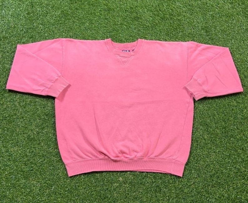 May include: A pink crew neck sweatshirt with long sleeves.