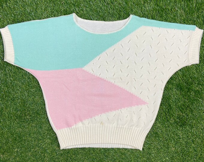 Vintage Pink and Blue Crewneck Sweater Quality 80s 1980s Fit Abstract Art Colorful All Over Color