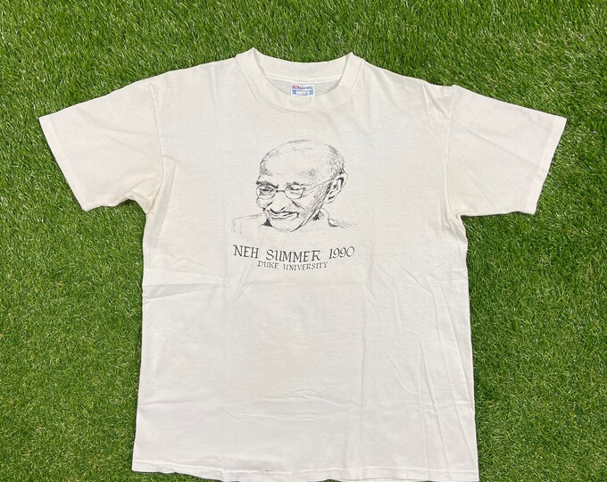 Vintage University of Duke Blue Devils T Shirt Tee Hanes Made USA NCAA College Basketball North Carolina NC Neh Summer 90 Gandhi Visit 1990s