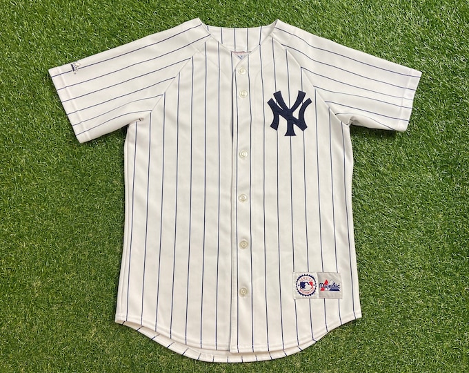 Vintage New York Yankees Pin Striped Baseball Jersey Majestic Size Youth Large MLB Baseball American League Bronx Jeter 1990s Original