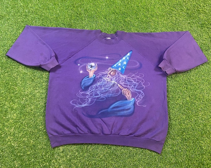 Vintage Wizard Crewneck Sweatshirt Trench Made USA Size Xtra Large XL Harry Classic Fantasy 1990s 90s Pull Over Oversized Merlin Magician