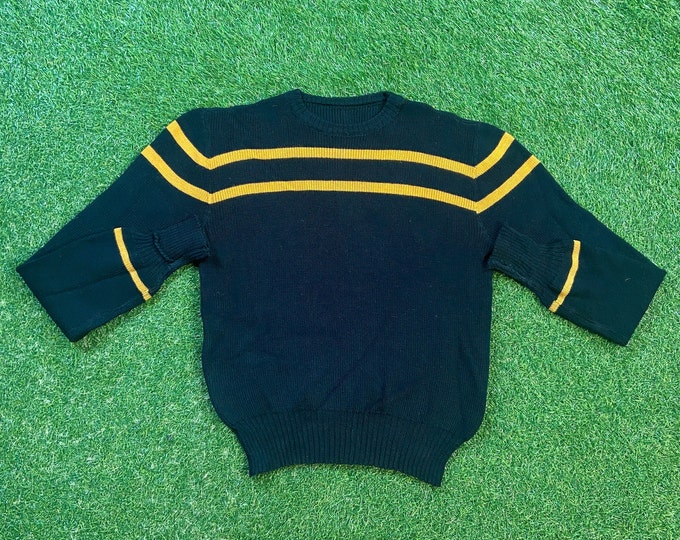 Vintage Black W/ Yellow Stripes Knitted Crewneck Sweater Size Small S Quality Comfortable Fit Warm Winter Fall Pull Over 1970s 70s