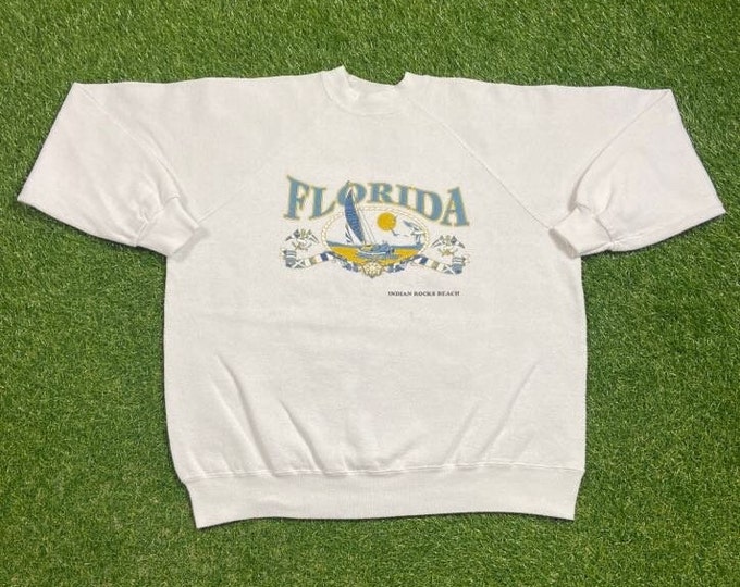 Vintage Florida Indian Rocks Beach Crewneck Sweatshirt Size Large L St Petersburgh Tampa Bay Clearwater Sunshine State Tropical Beach 1990s