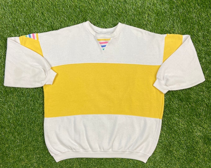 Vintage White Yellow Striped Crewneck Sweatshirt Size Small Pull Over Oversized