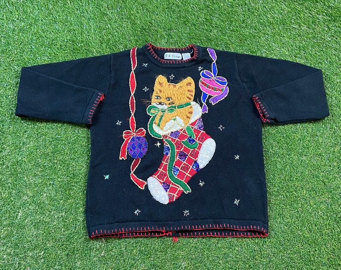 Ugly Christmas Sweater Vintage Tacky Holiday Party Merry Santa Claus Classic Xmas Kitten Cat Stocking Size Small S 90s 80s