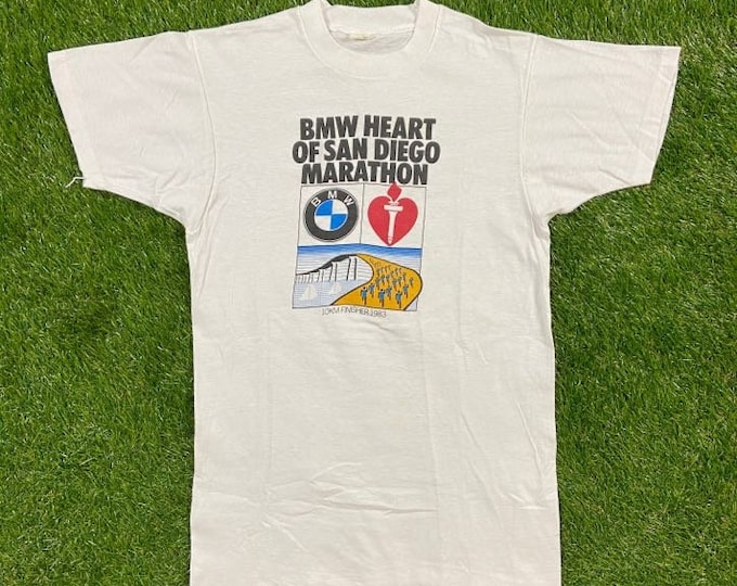 Vintage BMW Heart of San Diego Marathon T Shirt Tee Size Small 10Km Finisher 1983 California 80s