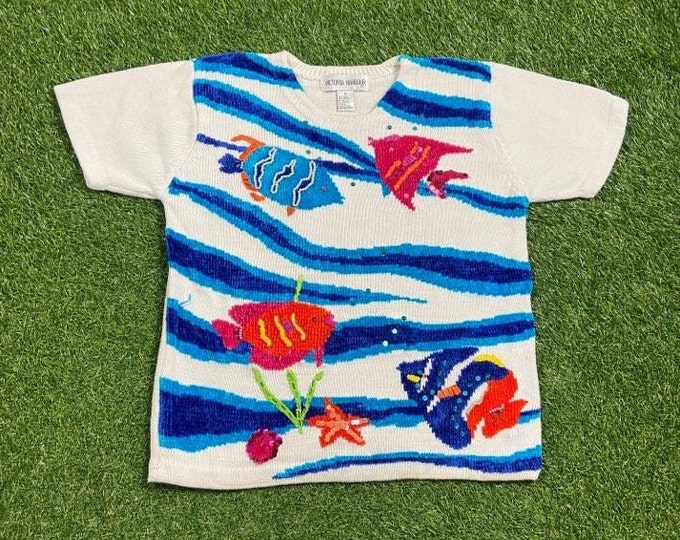 Vintage Multicolor Fish Knitted Crewneck Sweater Size Medium M Planet Ocean Quality Warm Winter Fashion Pull Over Oversized 1990s 90s
