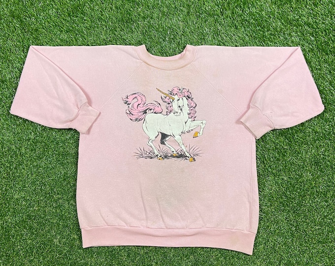 Vintage Unicorn Crewneck Sweatshirt Size Small S Fantasy Magical Beast Pull Over Oversized 1980s 80s Distressed
