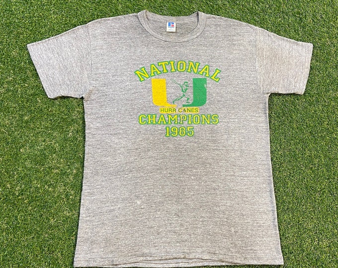 Vintage University of Miami Hurricanes T Shirt Tee Russell Athletic Made USA Large L 305 The U Florida NCAA Baseball 1980s Rayon Tri Blend
