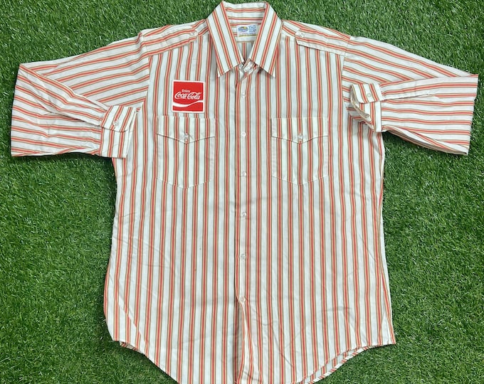 Vintage Rare Coca Cola Coke Button Down Striped Shirt Riverside Made USA Large L 16 1/2 Classic Cola Soda Pepsi Soft Drink 1970s 70s Work