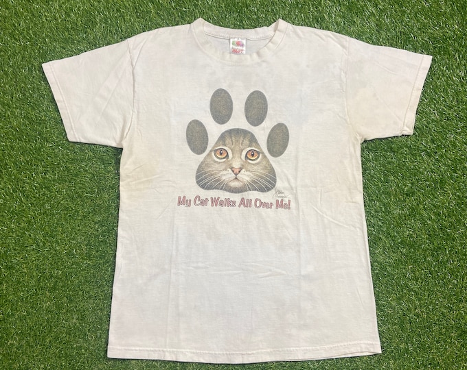 Vintage My Cat Walks All Over Me! T Shirt Tee Size Large L Classic Animal Kitten Graphic Shirt Funny Comical 1990s 90s