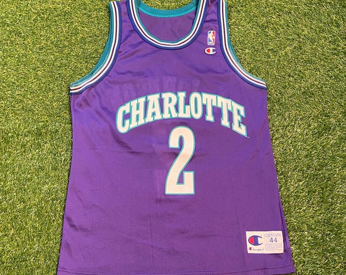 Vintage Charlotte Hornets Larry Johnson #2 Jersey Champion Made USA Size Medium M NBA Basketball North Carolina NC 1990s 90s