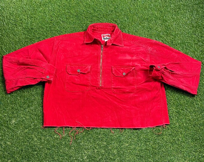 Vintage Marlboro Corduroy Crop Jacket Size Small S Smoking Tobacco Cigarettes Hunting Hiking Coat 1990s 90s