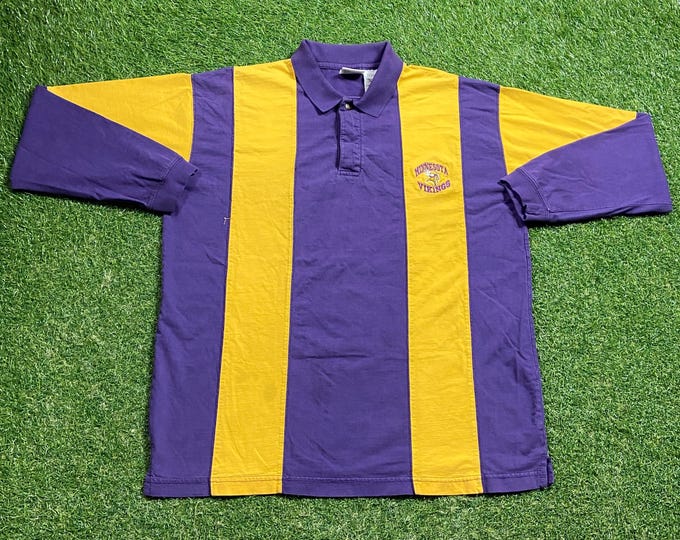 Vintage Minnesota Vikings Polo Long Sleeve Shirt Size Large L NFL Football Moss Stripped Shirt Classic 1990s 90s