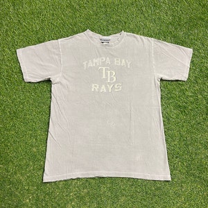 May include: A light gray t-shirt with the words "Tampa Bay" and "Rays" in white lettering. The team logo, "TB", is also in white lettering.