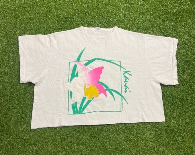 Vintage Kauai Hawaii Crop Top Shirt Tee Made USA Size Large L Waikiki Honolulu Manoa Island Beach Classic 1990s 90s