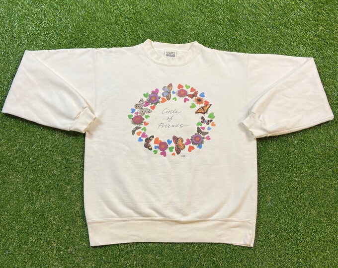 Vintage Circle of Friends Crewneck Sweatshirt Made USA Large Flowers Bees Caterpillars Butterflies Nature Plants Pull Over Oversized 1990s